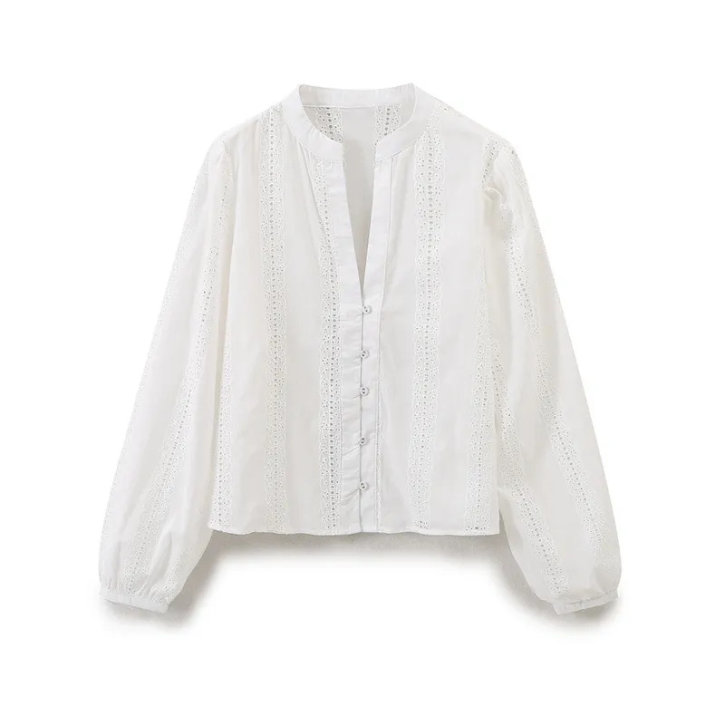 European And American Temperament Crew Neck Long Sleeve Single-breasted Blue Embroidered Shirt For Women - White