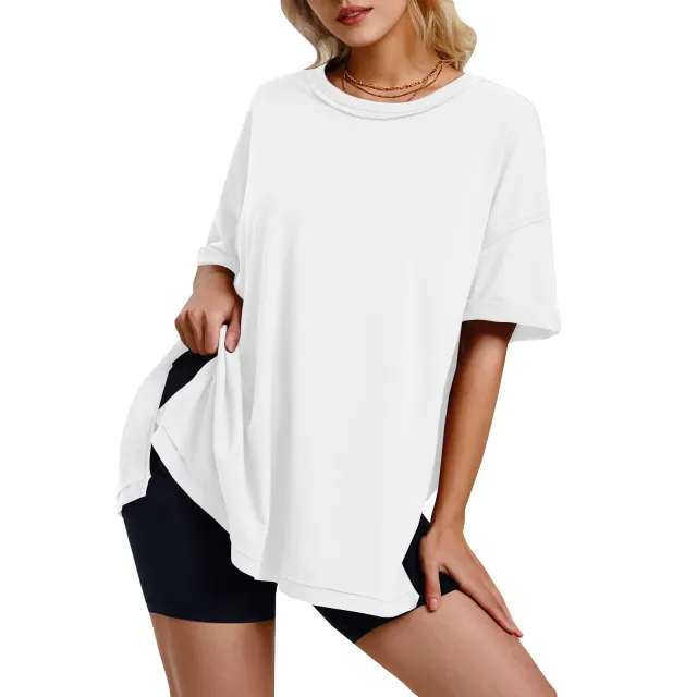 Women's Solid Color Cotton Round Neck Slits On Both Sides Loose T shirt White - Shop at LoveMi