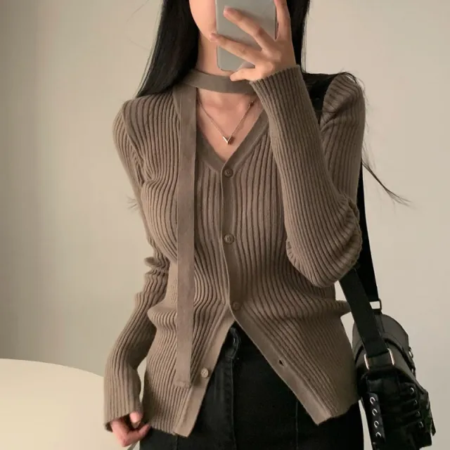 V neck Single Breasted Slim Fit Slimming Sweater Khaki - Shop at LoveMi