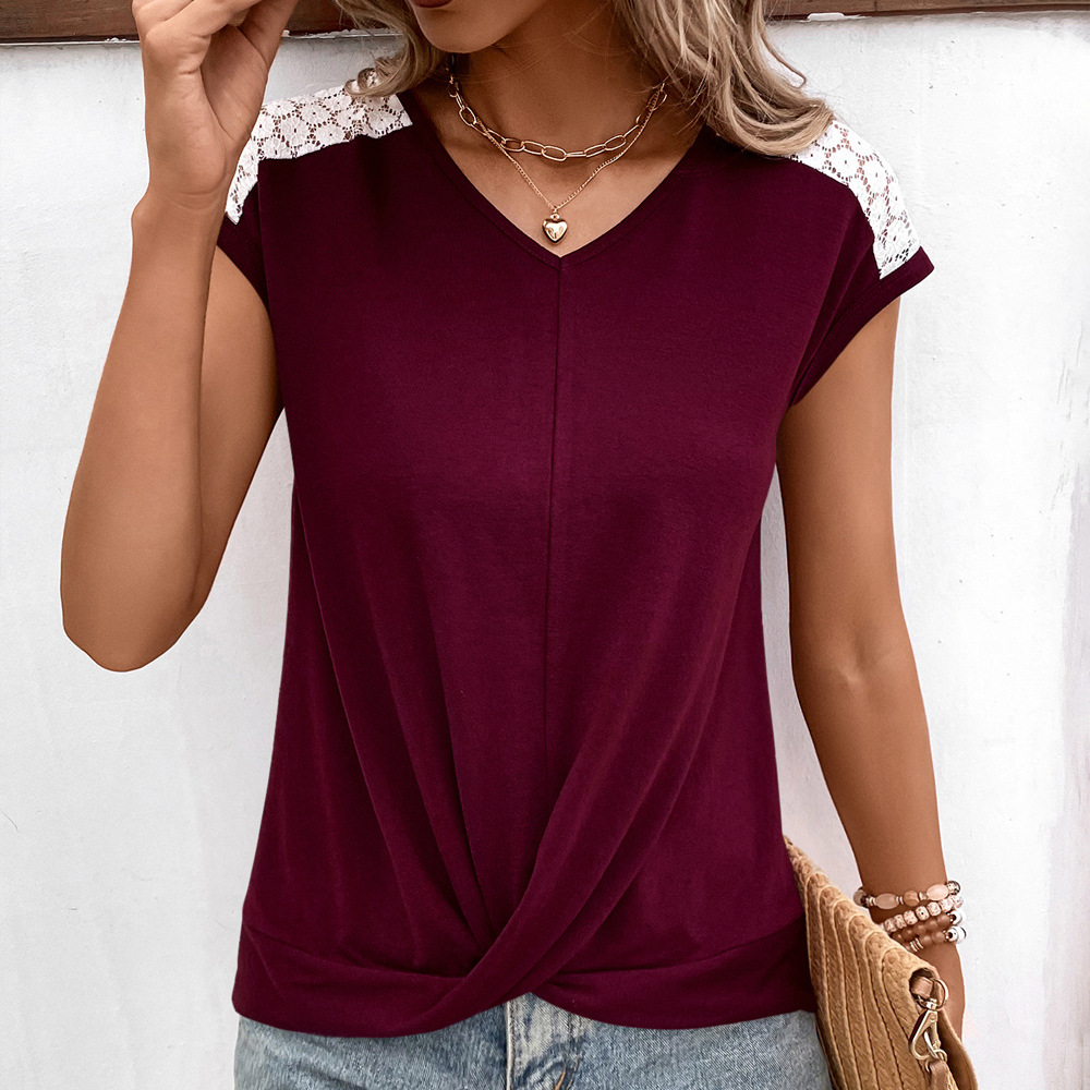 European And American Hollow Lace V neck Patchwork Casual And Comfortable Short Sleeve Wine - Shop at LoveMi