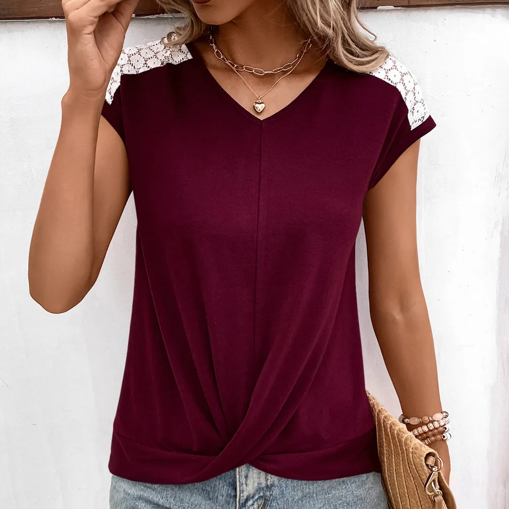 European And American Hollow Lace V-neck Patchwork Casual And Comfortable Short Sleeve - Wine