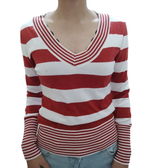 Women's Striped Peach Collar Tight Flared Sleeve Sweater Red And White - Shop at LoveMi