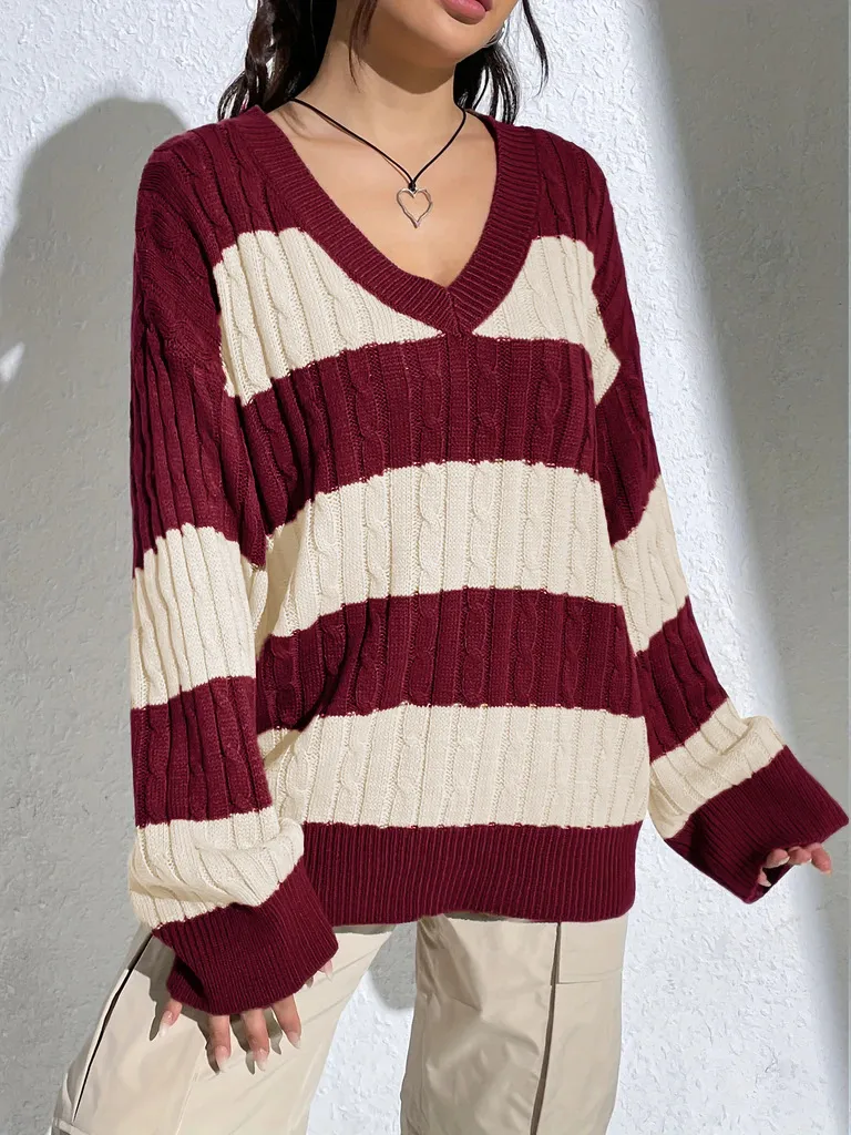 Contrast Colour V-neck Loose-fitting Long Sleeve Sweater Women - Purplish Red Apricot