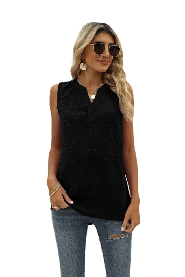 New Solid Color Chiffon Shirt Loose V neck Jacquard Sleeveless Casual Vest Black - Shop at LoveMi