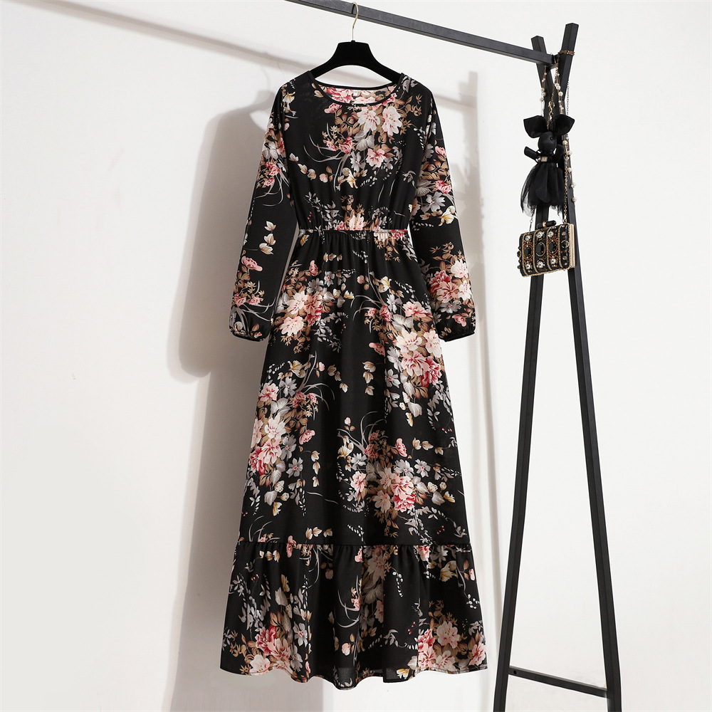 Womens Versatile Round-neck Floral Chiffon Dress