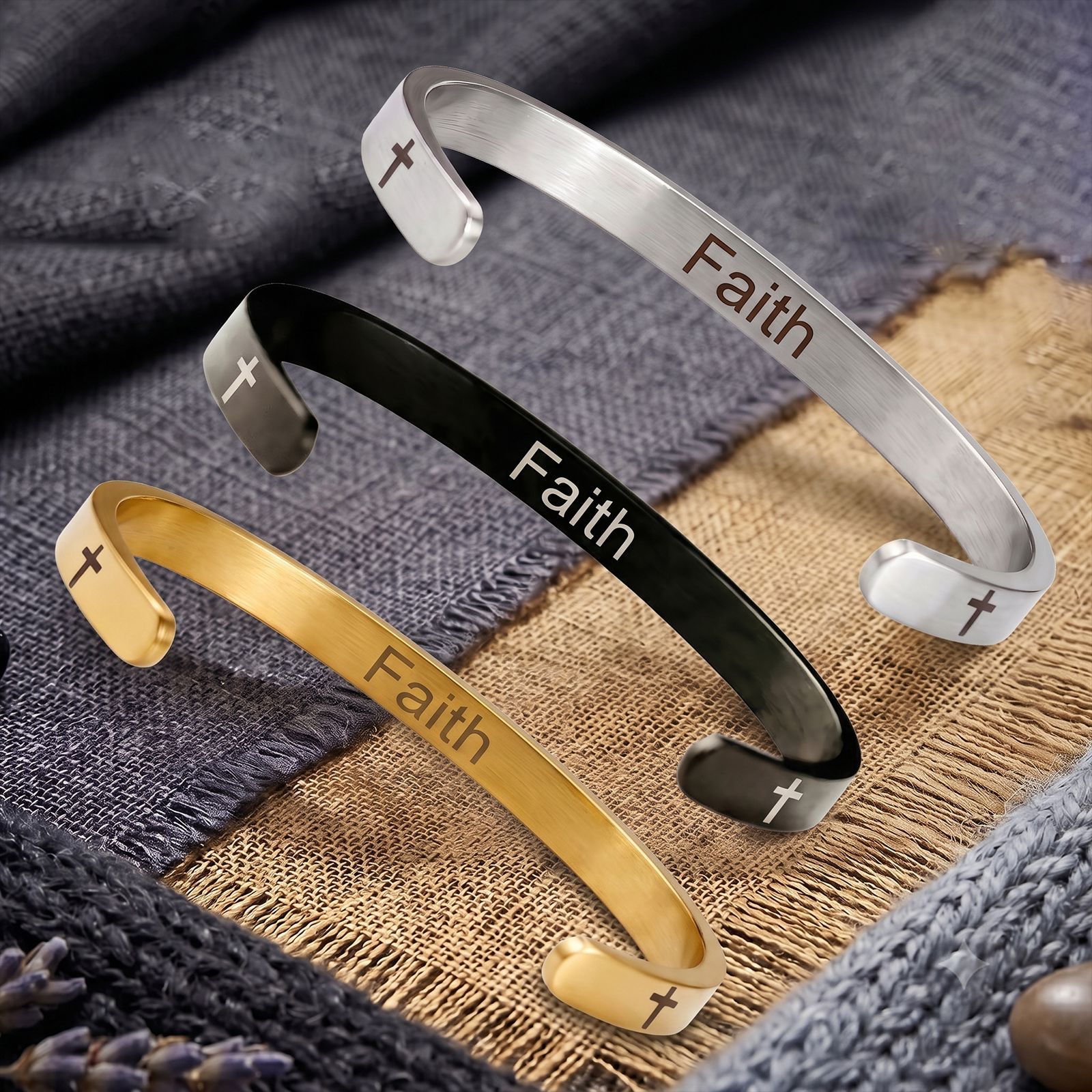 Laser-engraved GOD IS IN CONTROL Stainless Steel Open Adjustable Bracelet for sale on BNS