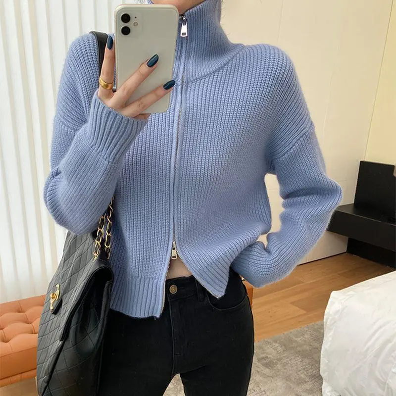 Sweater Small Cardigan Women's Short Preppy Style Stand Collar Zipper Sweater Spring And Autumn Thin Sweater