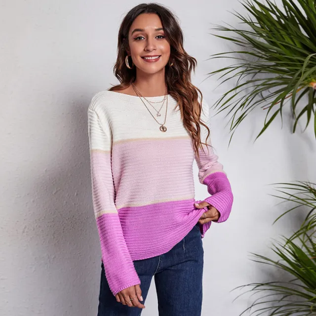 Contrast Color Large Striped Off neck Knitted Sweater Rose Red - Shop at LoveMi