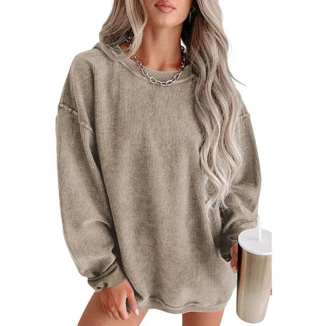 Autumn Fashion Women's Wear Thread Knitted Long Sleeve Loose Sweatshirt Khaki - Shop at LoveMi
