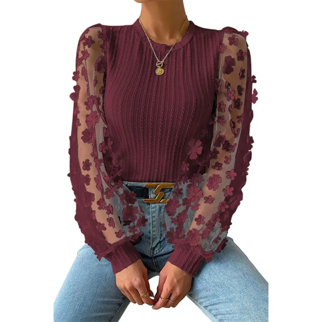Women's Mesh Small Flower Chiffon Shirt Summer Round Neck Long Sleeve Top Red - Shop at LoveMi