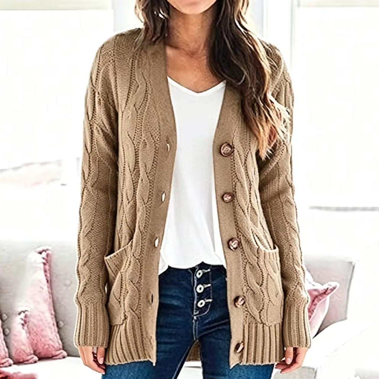 Women's Knitted Cardigan With Herringbone Pattern Sweater Coat