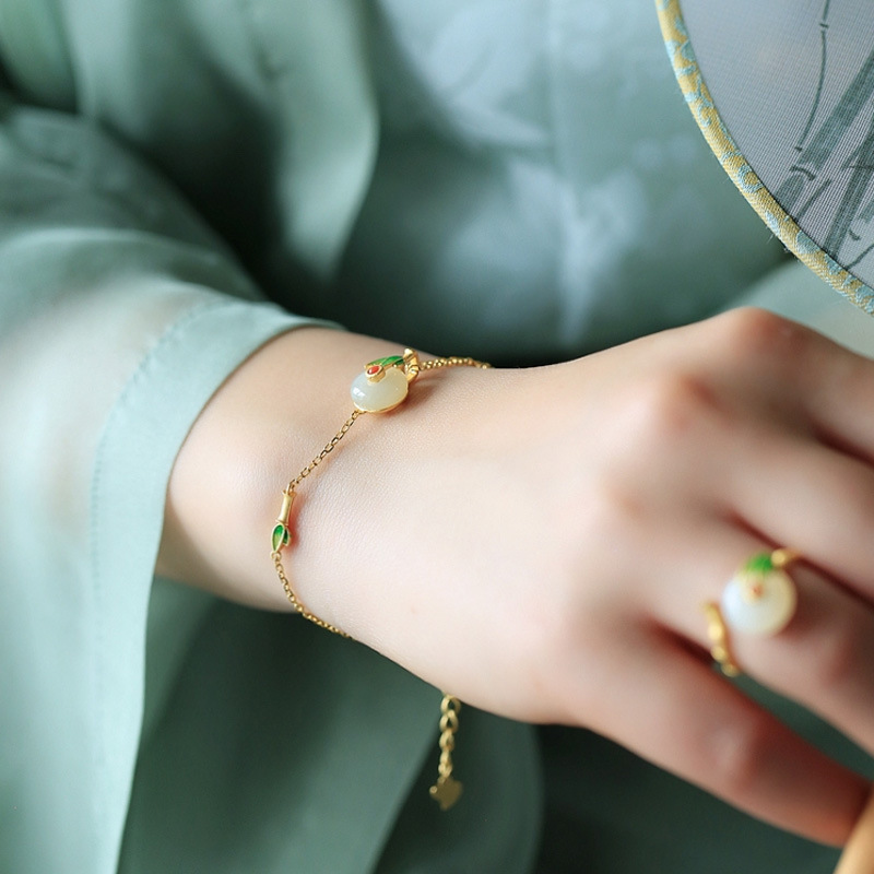 Ancient Gold Inlaid Hetian Jade Peace Buckle Enamel Painted Craft Fairy Retro Style Light Luxury High-grade Bracelet
