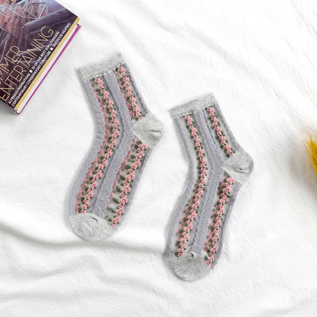 Women's Mid calf Ins Fashionable Small Floral Transparent Spun Glass Summer Thin Stockings Gray - Shop at LoveMi