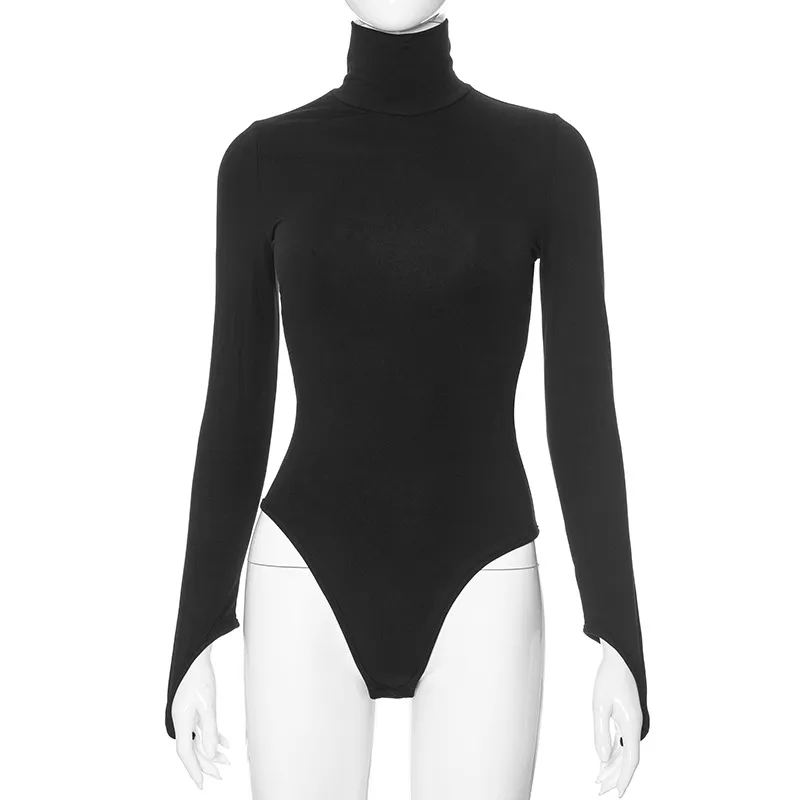 Women's Solid Color Casual Round Neck Long Sleeve Slim Fit Jumpsuit - Black