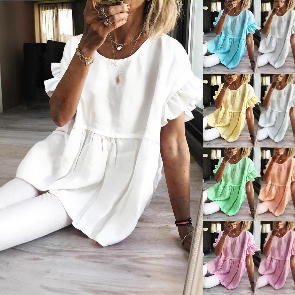 Solid-color Crewneck Short-sleeve Ruched Womens Top