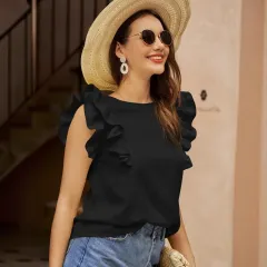 Round Neck Sleeveless Shirt Ruffle Sleeve Pleated Elegant Lady - Black - View 1