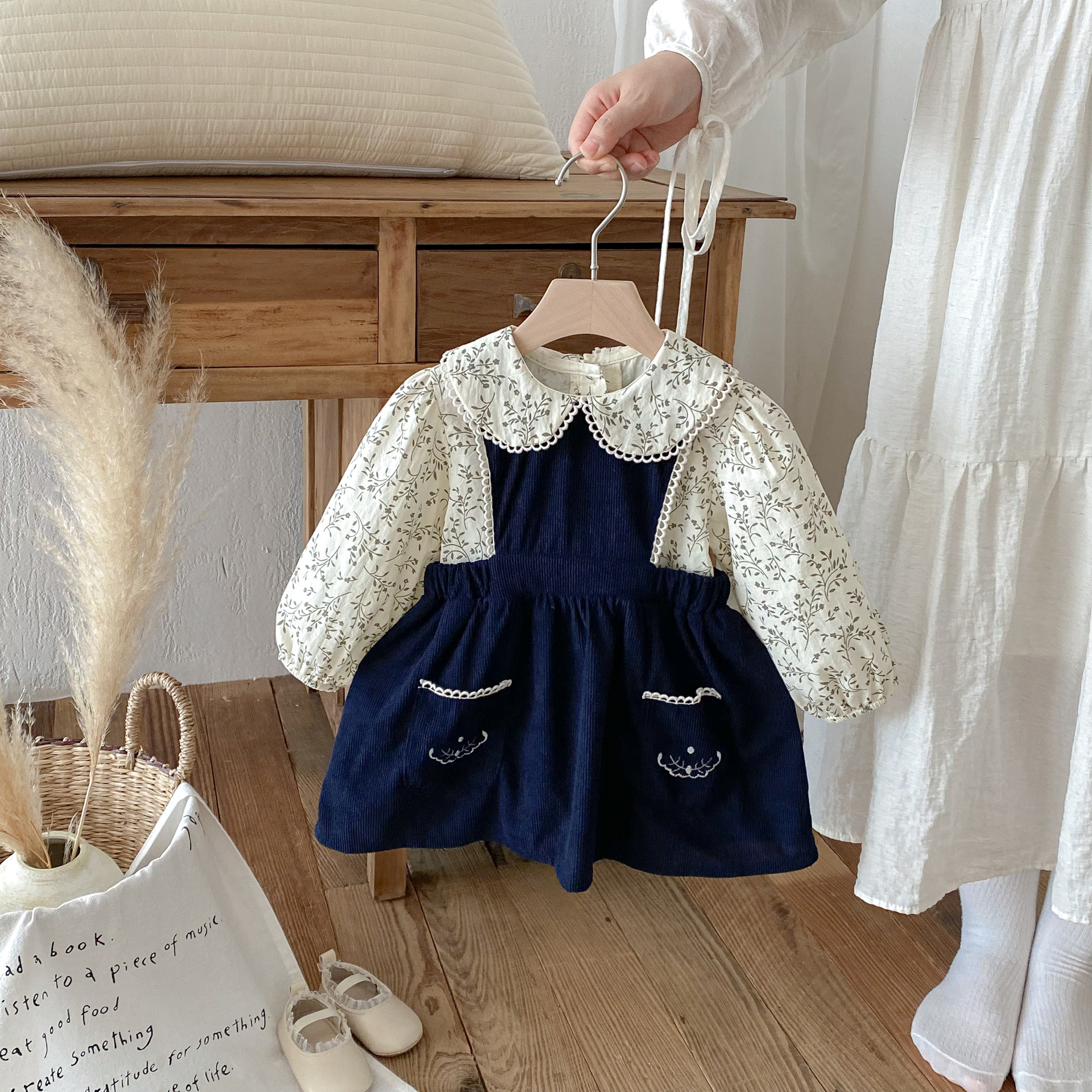 Floral-print Doll-collar Shirt And Childrens Vest Dress Two-piece Set