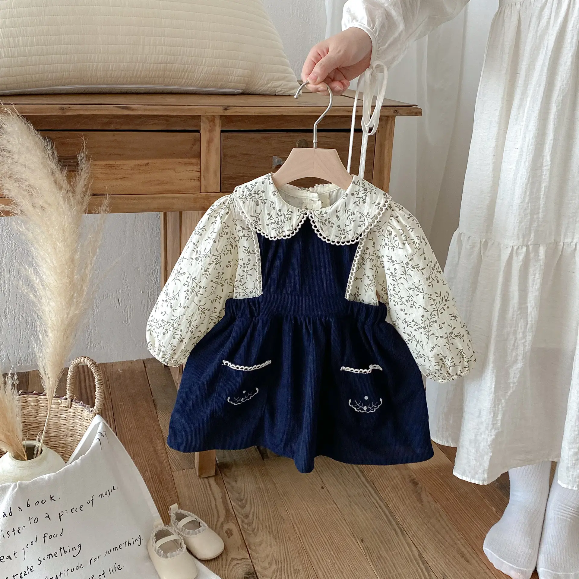 Floral-print Doll-collar Shirt And Childrens Vest Dress