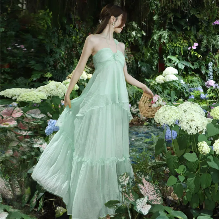 High-end Design French Chic Beach Dress Seaside Vacation Mint Mambo Green Halter Dress - Green
