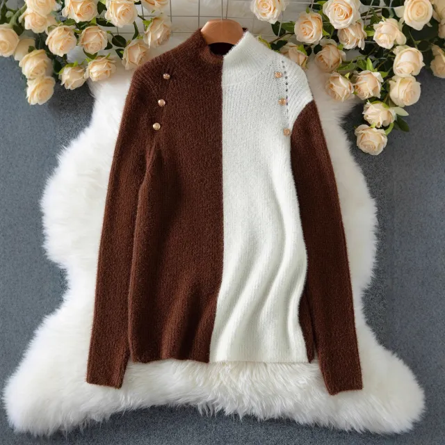 Dual color Patchwork Button Sweater Turtleneck Pullover Inner Wear Sweater Coffee - Shop at LoveMi