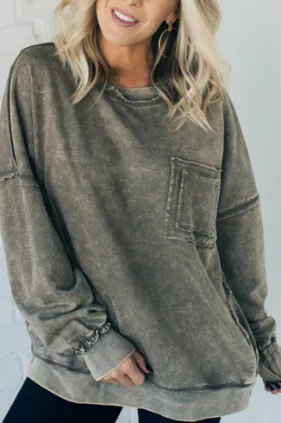 Washed Cotton Loose fitting Casual Round neck Sweater T shirt For Women Olive - Shop at LoveMi