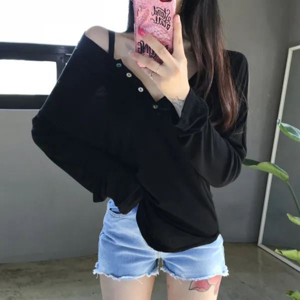 Off the shoulder Western Style Basic Solid Color Loose Comfortable Long Sleeve Shirt For Women Black - Shop at LoveMi