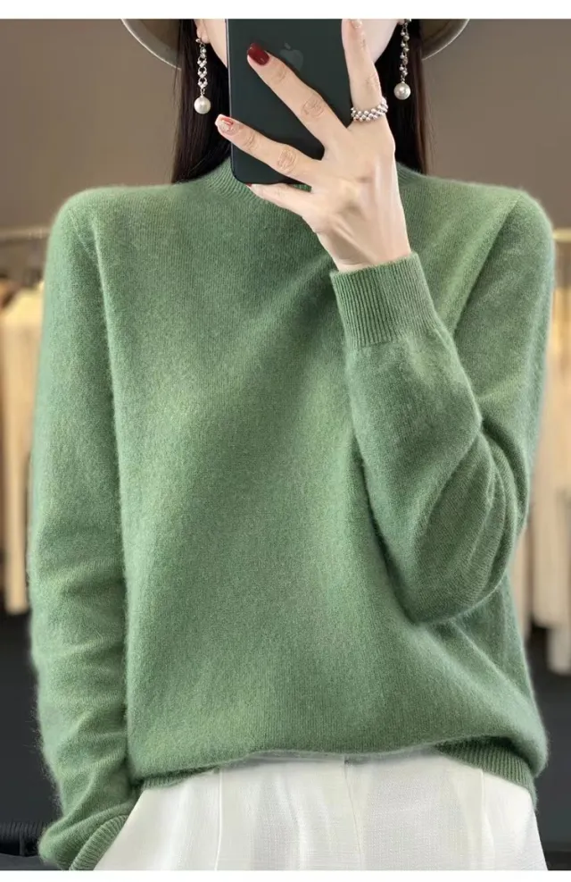 Half High Collar Pure Wool Women's Long Sleeved Knitted Base Sweater Mint - Shop at LoveMi