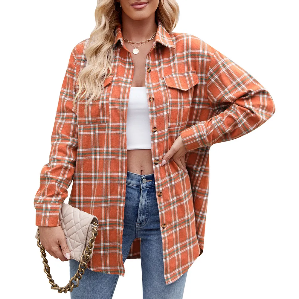 Casual Fashion Loose Plaid Pocket Shirt For Women - Orange