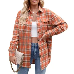Casual Fashion Loose Plaid Pocket Shirt For Women - Orange - View 1