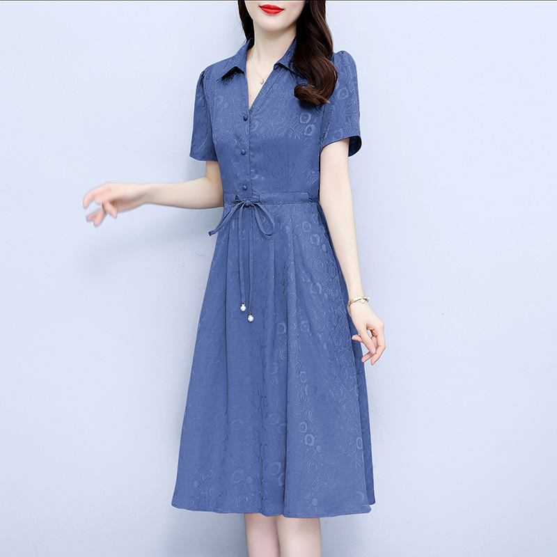 Jacquard Waist-controlled Lace-up Polo Collar Over The Knee Dress