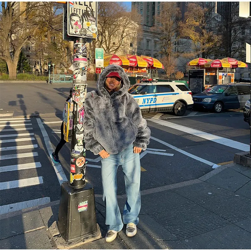 Women's Spring Clothing Imitation Fur Personality Street Fashion Solid Color Long Sleeve Zipper Hooded Short Jacket