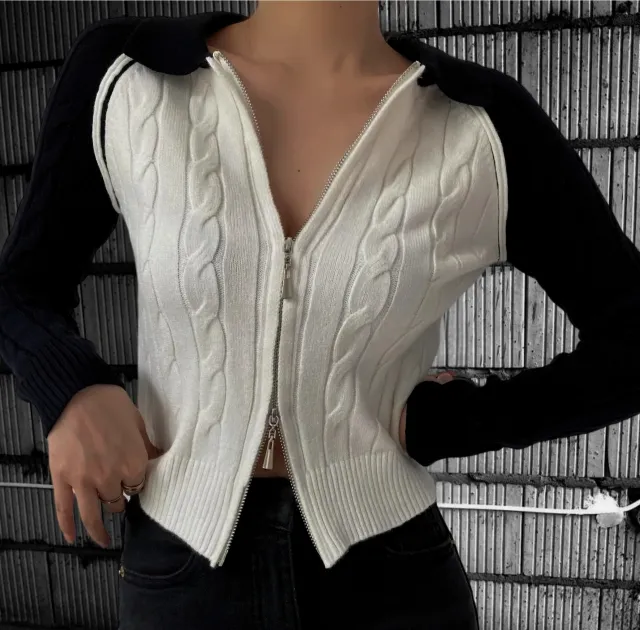 Slim fit Twist Long sleeve Zipper Knitted Cardigan Black - Shop at LoveMi