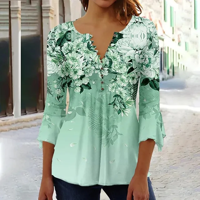 Women's Floral Printed 34 Sleeves V neck Buttons Shirt Qfx26 - Shop at LoveMi