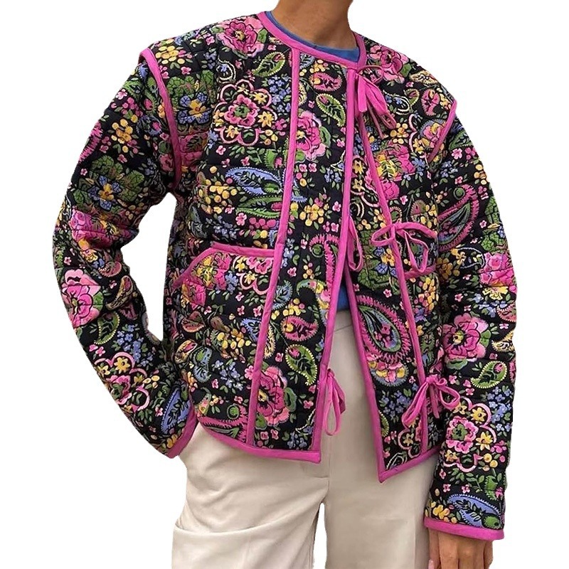 Lace-up Flower Pattern Print Cotton-padded Jacket
