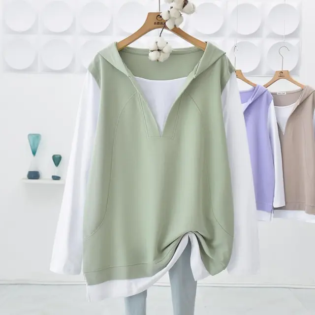 Extra Large Size Hooded Fake Two Pieces Stitching Loose Mid length Green - Shop at LoveMi