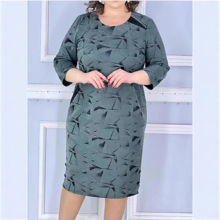 Plus-size Loose-fitting Figure-flattering Straight-leg Long-sleeve Crew-neck Dress