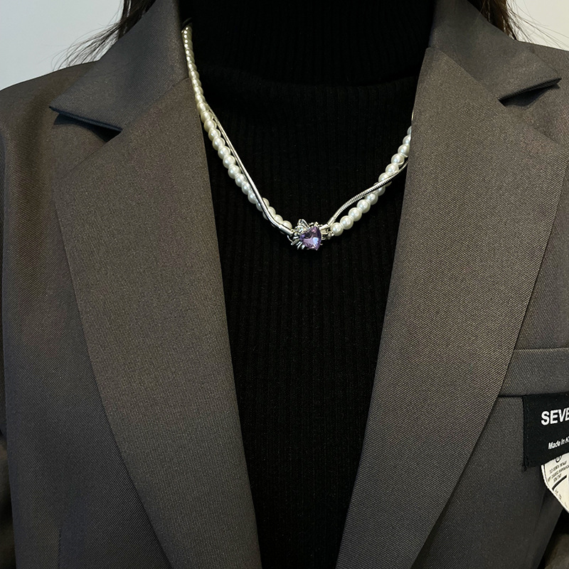 Sweet Cool Hot Girl Purple Heart-shaped Multi-part Pearl Necklace