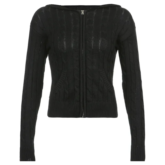 Warm Hooded Zippered Cardigan Solid Color Jacket Twisted Black - Shop at LoveMi