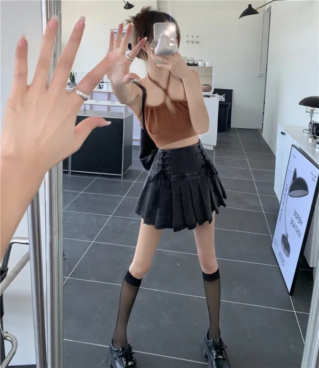 Women's Summer Design Sense Niche A Line Denim Skirt Carbon Black - Shop at LoveMi
