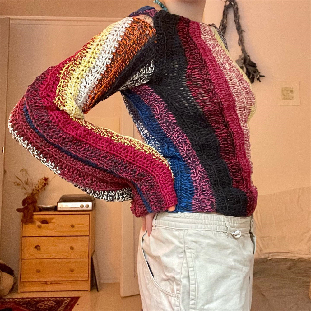 Minority Ethnic Style Mixed Color Knitted Sweater