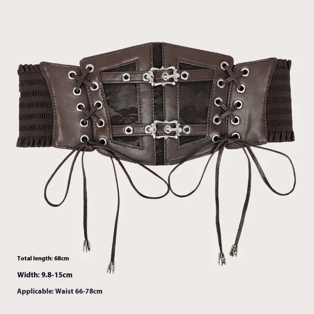 Vintage Lace Strap Ladies Decoration Fashionable Outerwear Elasticated Waist Width Leather Belt Brown Silver Buckle - Shop at LoveMi