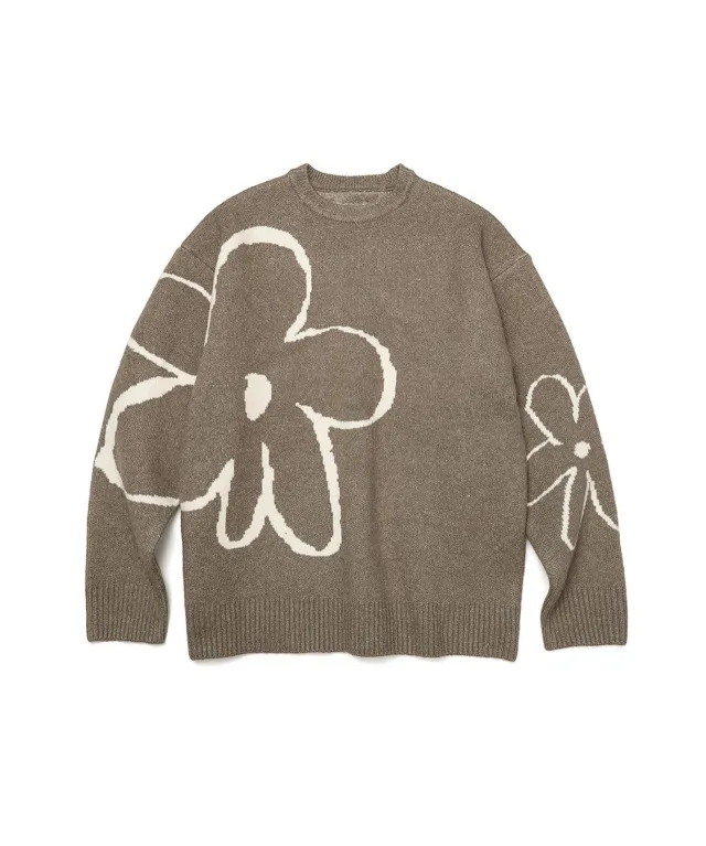 Black And White Round Neck Loose Oversized Sweater Khaki - Shop at LoveMi