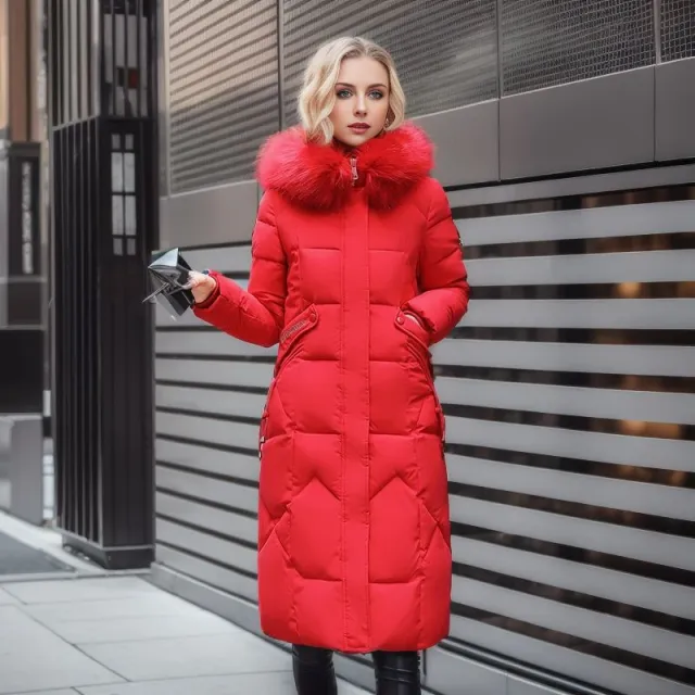 Women's Medium Length Slim Fit Knee Length Large Woolen Collar Cotton Jacket Red - Shop at LoveMi