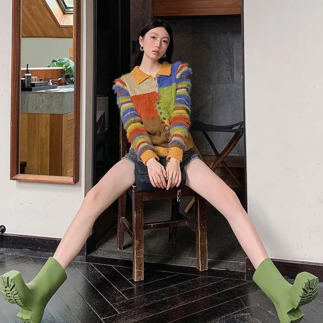 Retro Rainbow Color blocking Irregular Polo Collar Sweater Stripes - Shop at LoveMi