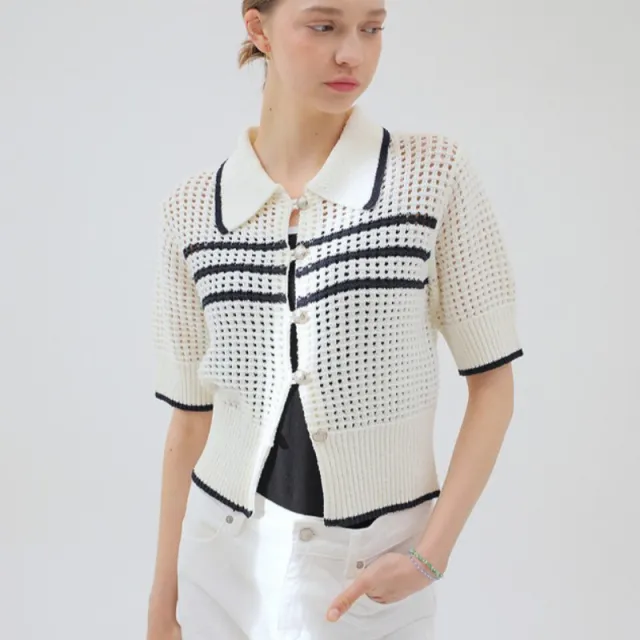 Cardigan Short Sleeve Fit Lapel Fashion Striped Colors White - Shop at LoveMi