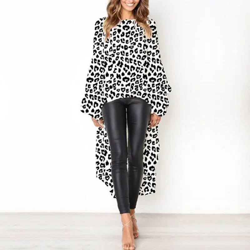 Long Sleeve Irregular Female Leopard-print Shirt - White