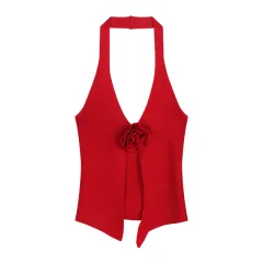 Three-dimensional Flower Knitted Halter Spaghetti Straps Vest - Red - View 1