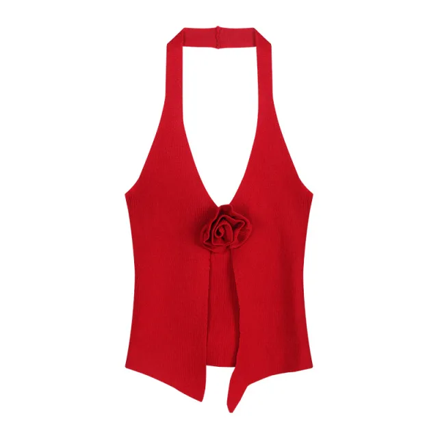 Three dimensional Flower Knitted Halter Spaghetti Straps Vest Red - Shop at LoveMi