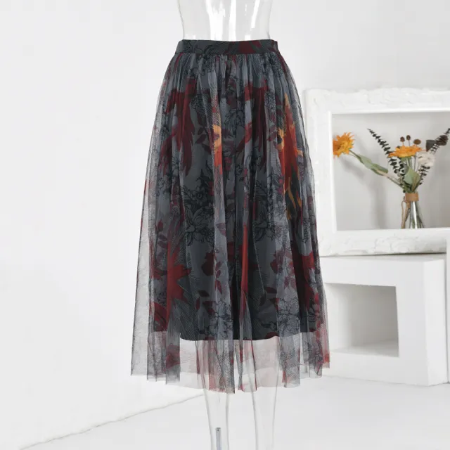 Irregular Pattern Printed Mesh High Waist Double Layer Tulle Lace Skirt Autumn Language - Shop at LoveMi