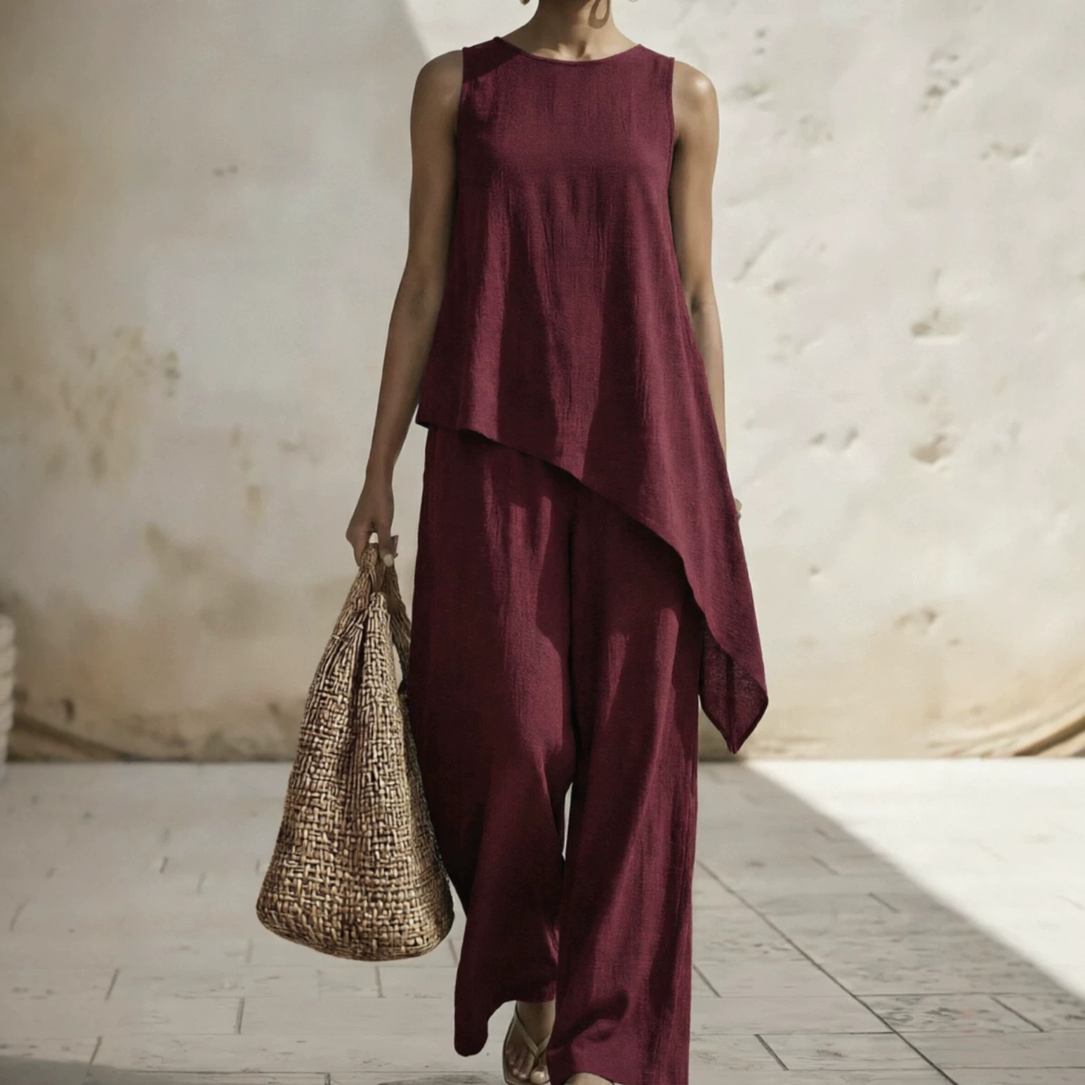 European And American-style Asymmetrical Slanted Hem Wide-leg Jumpsuit